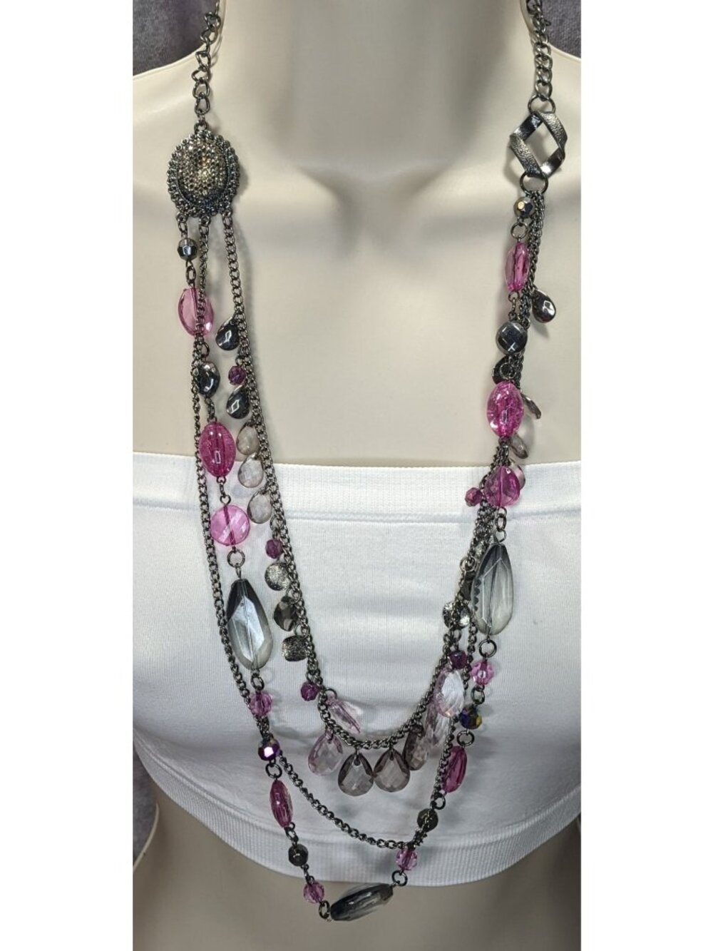 Y2K Glam Goth Multi-Layered Necklace With Pink & Silver Tone Beads